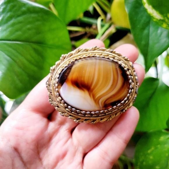 Vintage Agate Gemstone Boucher Brooch Pin - Picture 7 of 8